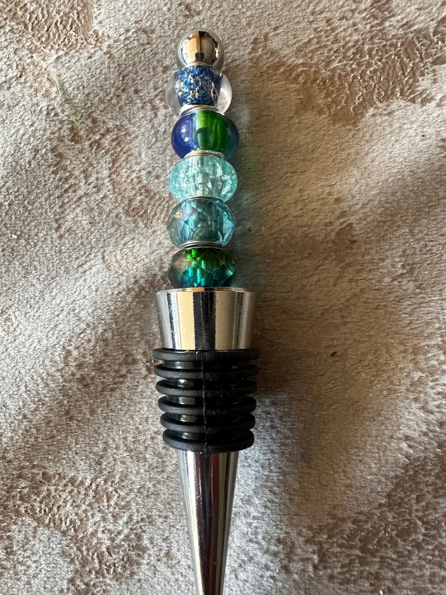 Beaded Bottle stopper in dark sea greens