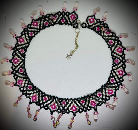 Hand beaded black and pink necklace