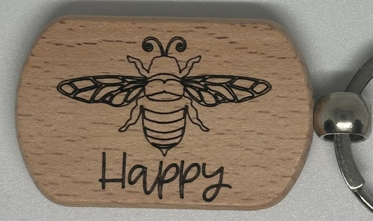 Funny wooden Key Ring Bee Happy