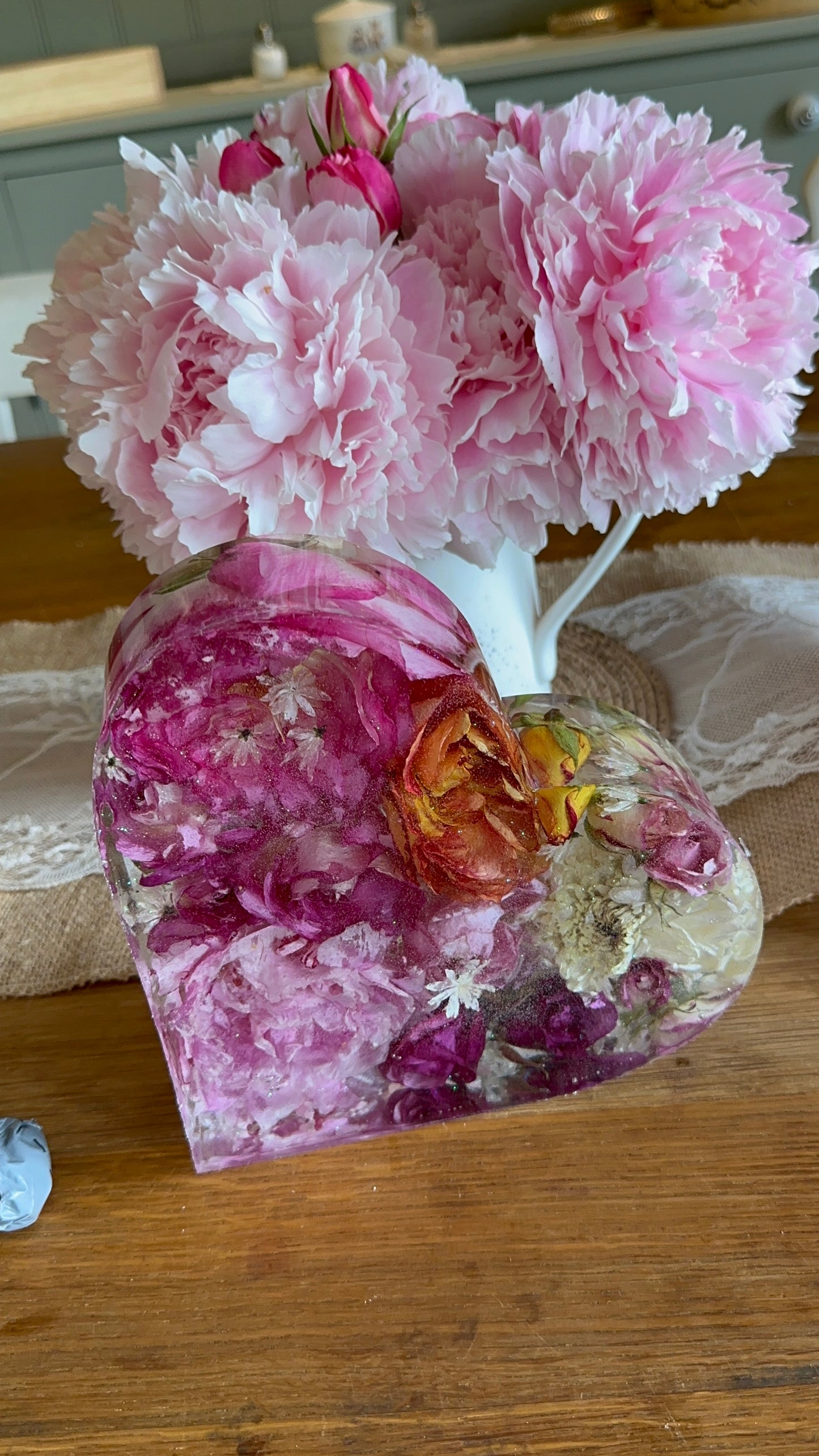 Garden flowers in resin hearts