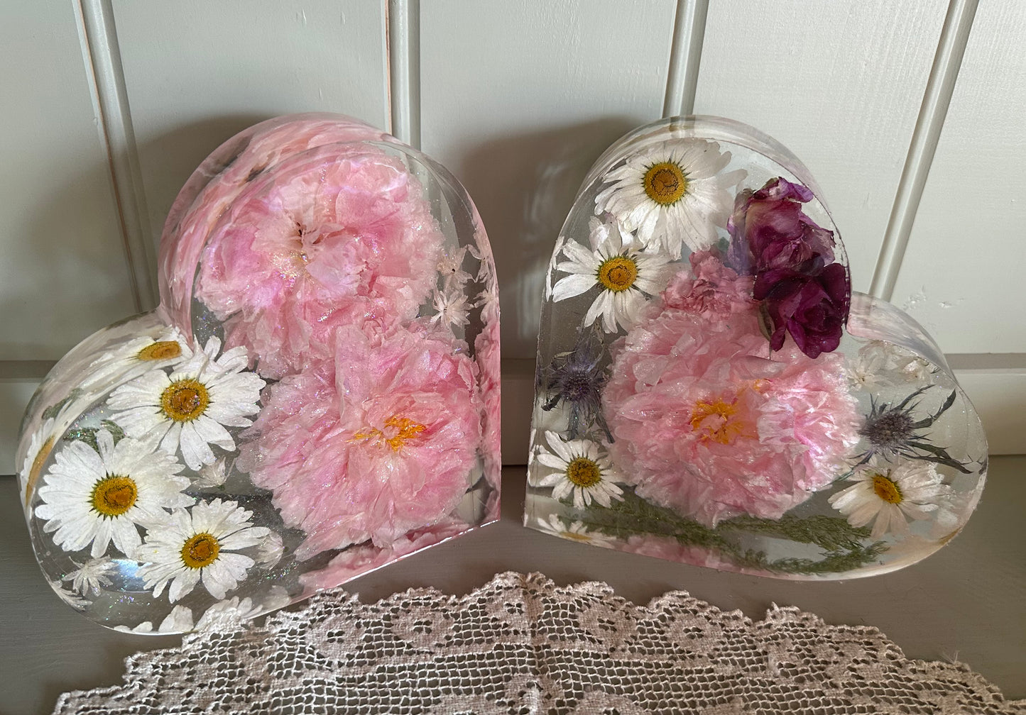 Garden flowers in resin hearts