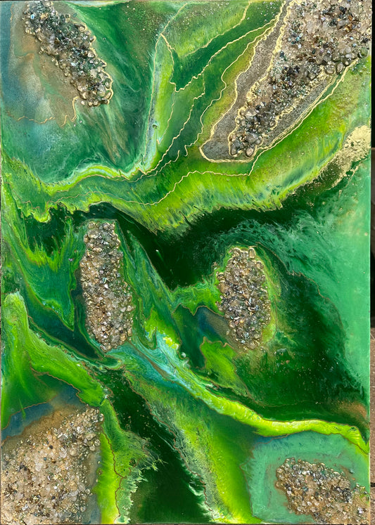 Resin geode art in greens and gold