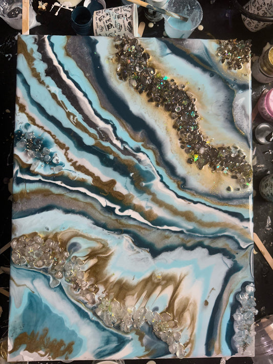 Resin geode art in blues and golds